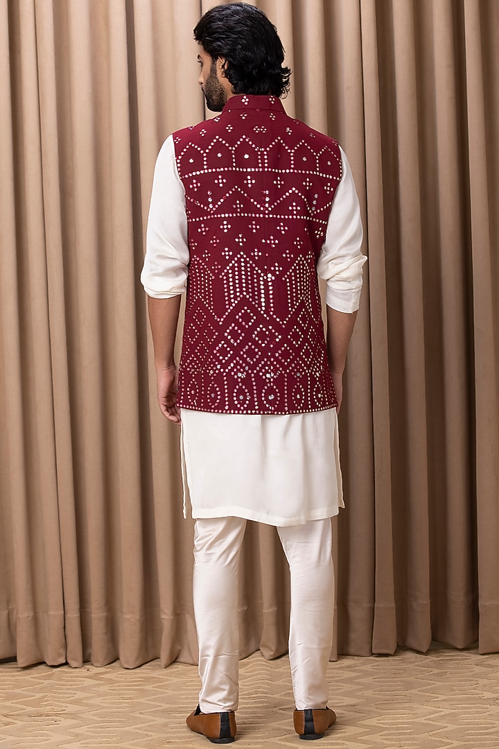 Wine Pure Georgette Thread Embroidered Bundi Jacket Set by Ankit V Kapoor at Pernia's Pop Up Shop