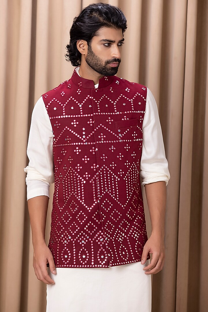 Wine Pure Georgette Thread Embroidered Bundi Jacket Set by Ankit V Kapoor at Pernia's Pop Up Shop
