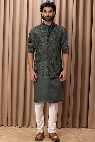 Olive Green Embroidered Bundi Jacket by Ankit V Kapoor