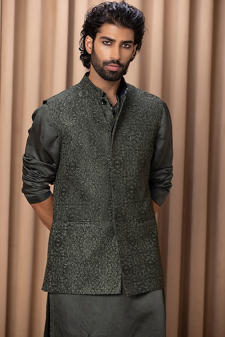 Olive Green Pure Georgette Embroidered Bundi Set by Ankit V Kapoor at Pernia's Pop Up Shop