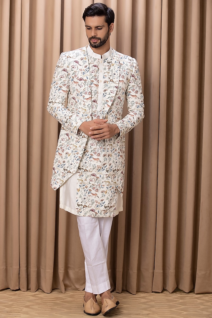 Ivory Digital Printed Indo-Western Jacket Set by Ankit V Kapoor