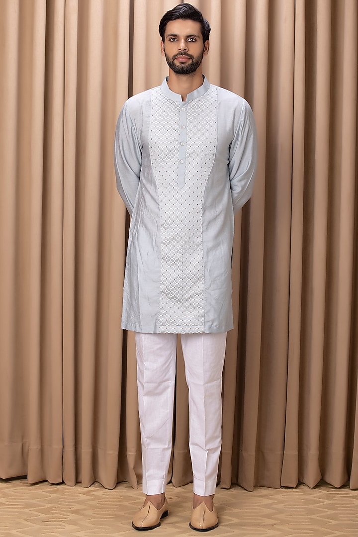 Powder Blue Jaquard Indo-Western Jacket Set by Ankit V Kapoor at Pernia's Pop Up Shop
