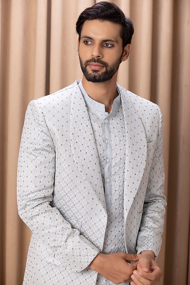 Powder Blue Jaquard Indo-Western Jacket Set by Ankit V Kapoor at Pernia's Pop Up Shop