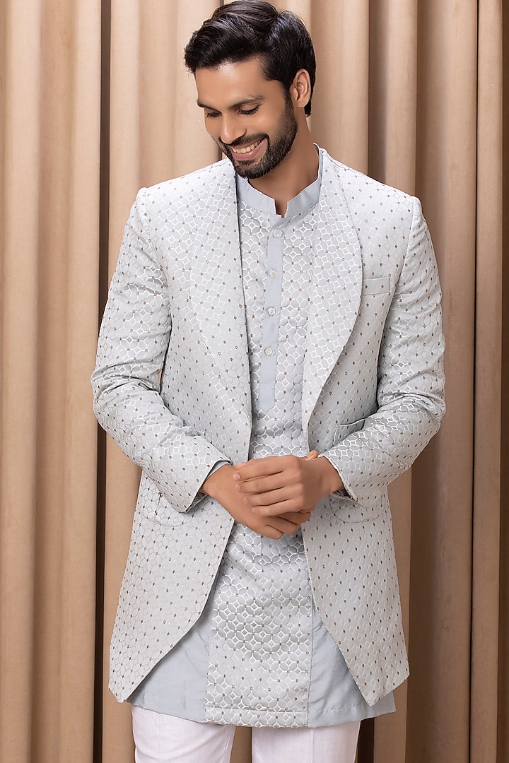 Powder Blue Jaquard Indo-Western Jacket Set by Ankit V Kapoor at Pernia's Pop Up Shop