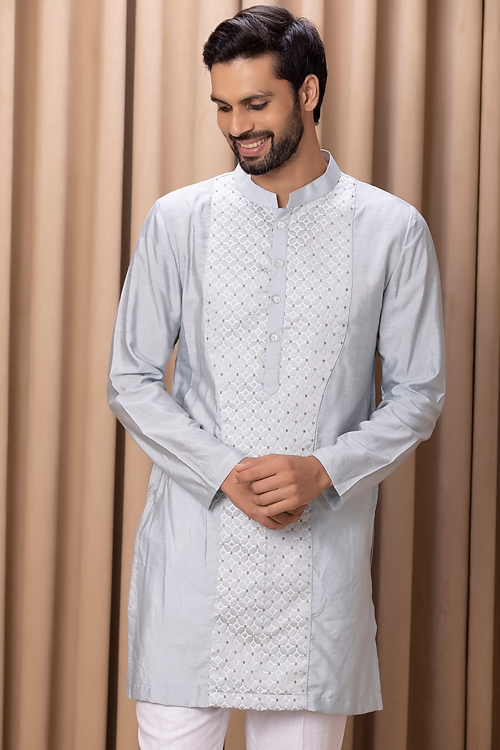 Powder Blue Jaquard Indo-Western Jacket Set by Ankit V Kapoor at Pernia's Pop Up Shop