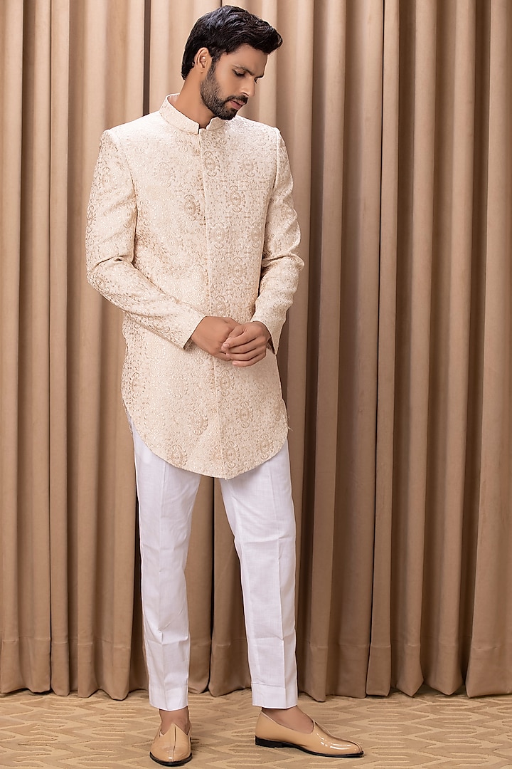 Champagne Gold Jaquard Indo-Western Jacket Set by Ankit V Kapoor at Pernia's Pop Up Shop
