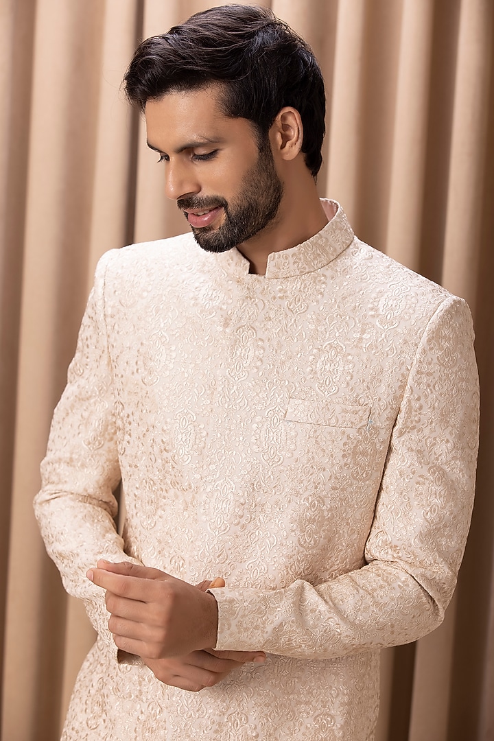 Champagne Gold Jaquard Indo-Western Jacket Set by Ankit V Kapoor at Pernia's Pop Up Shop
