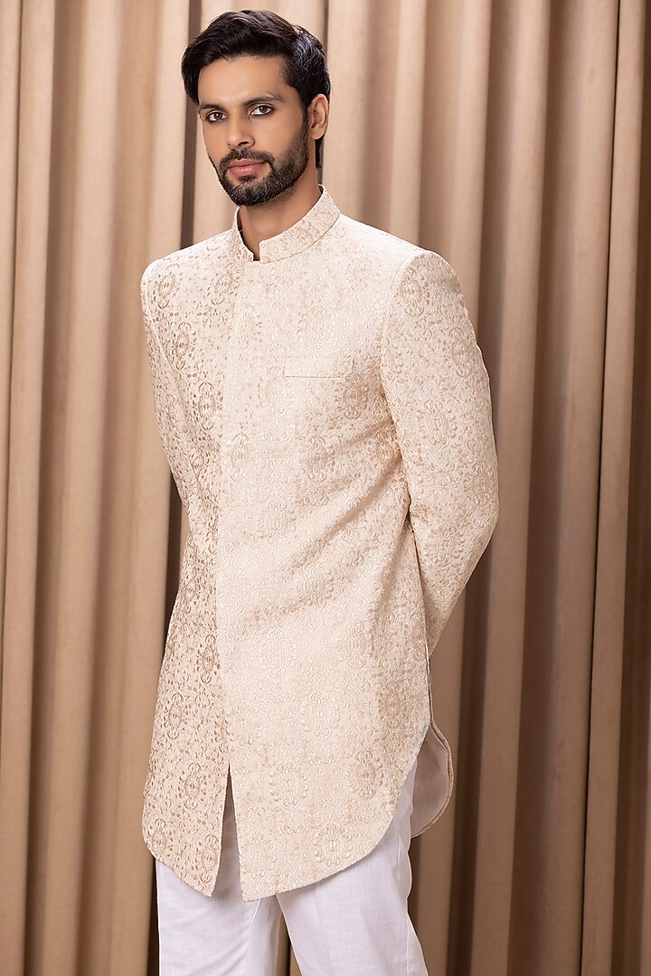 Champagne Gold Jaquard Indo-Western Jacket Set by Ankit V Kapoor at Pernia's Pop Up Shop