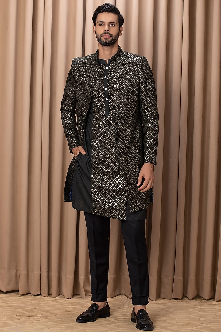 Olive Green Embroidered Indo-Western Jacket Set by Ankit V Kapoor at Pernia's Pop Up Shop