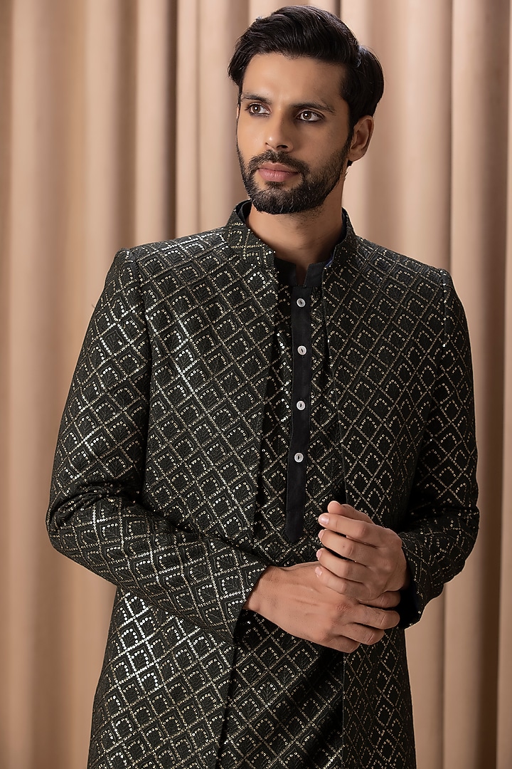 Olive Green Embroidered Indo-Western Jacket Set by Ankit V Kapoor at Pernia's Pop Up Shop