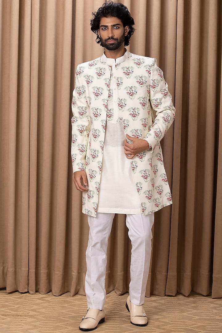 Off-White Printed Indo-Western Jacket Set by Ankit V Kapoor