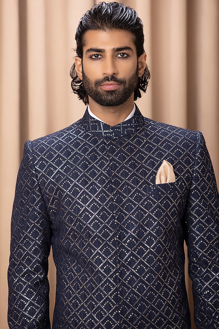 Navy Blue Embroidered Indo-Western Jacket Set by Ankit V Kapoor at Pernia's Pop Up Shop