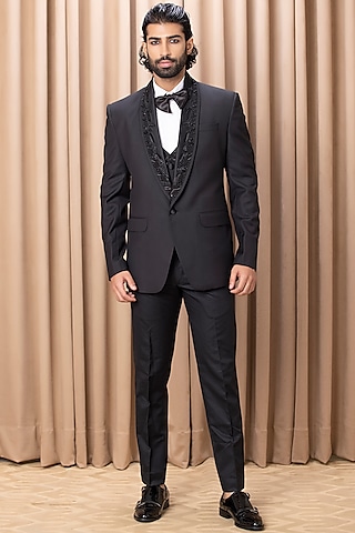 Black Suiting Embroidered Tuxedo Set by Ankit V Kapoor