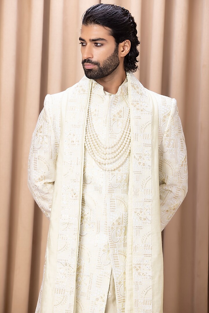 Mint Green Cotton Silk Machine Embroidered Groom Sherwani Set by Ankit V Kapoor at Pernia's Pop Up Shop