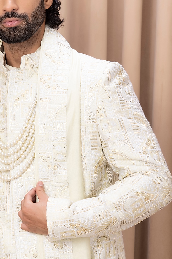 Mint Green Cotton Silk Machine Embroidered Groom Sherwani Set by Ankit V Kapoor at Pernia's Pop Up Shop