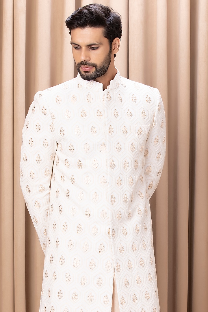 Ivory Embroidered Groom Sherwani Set by Ankit V Kapoor at Pernia's Pop Up Shop