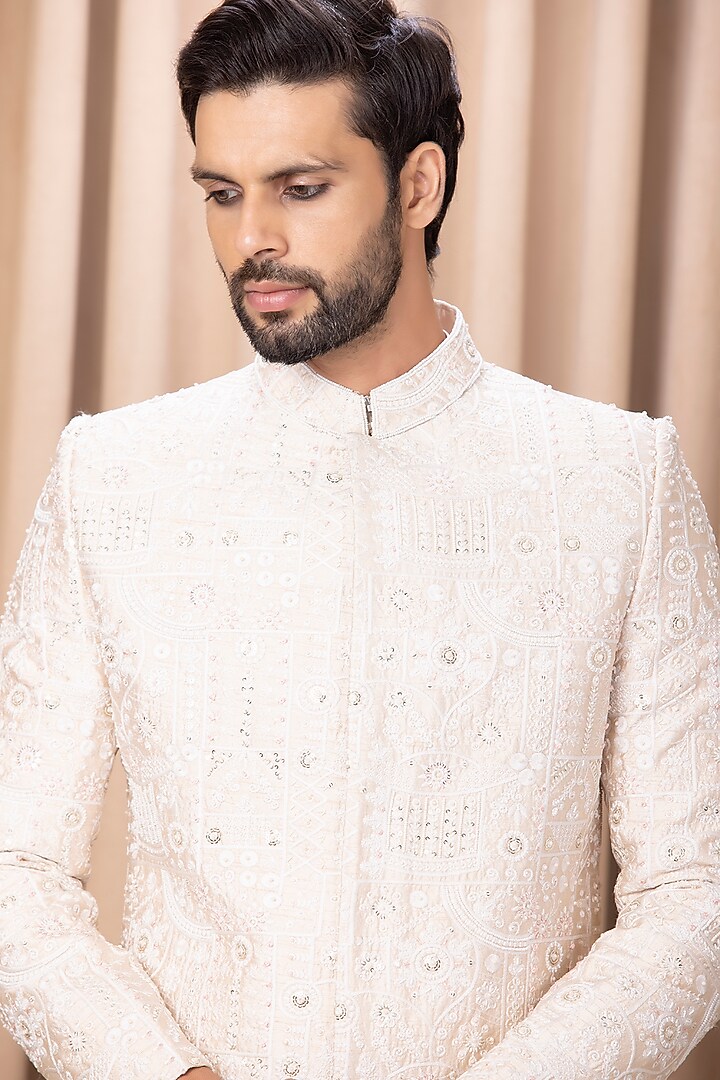Powder Pink Embroidered Groom Sherwani Set by Ankit V Kapoor at Pernia's Pop Up Shop