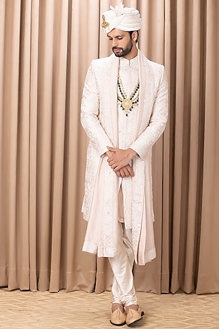 Powder Pink Embroidered Sherwani Set by Ankit V Kapoor