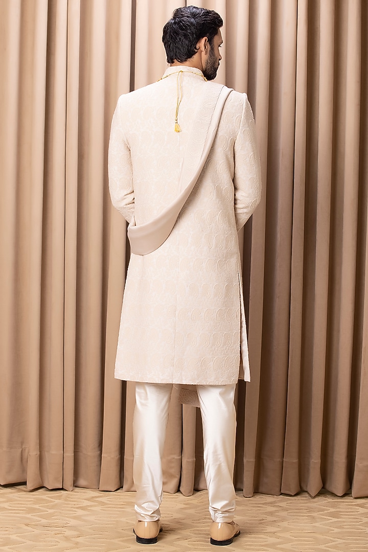Beige Cotton Silk Machine Embroidered Groom Sherwani Set by Ankit V Kapoor at Pernia's Pop Up Shop