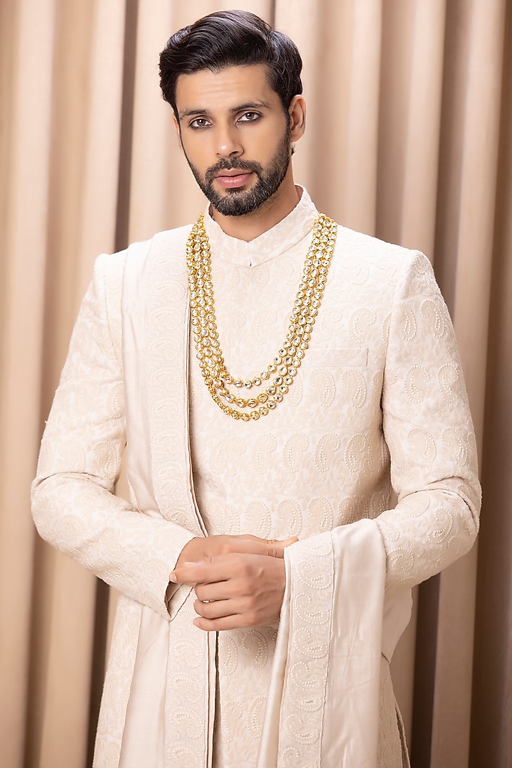 Beige Cotton Silk Machine Embroidered Groom Sherwani Set by Ankit V Kapoor at Pernia's Pop Up Shop