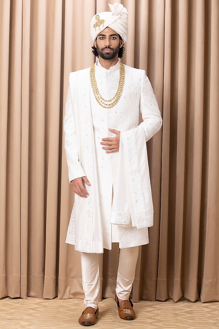 Ivory Machine Embroidered Sherwani Set by Ankit V Kapoor