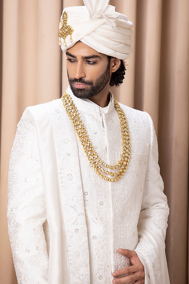 Ivory Machine Embroidered Groom Sherwani Set by Ankit V Kapoor at Pernia's Pop Up Shop