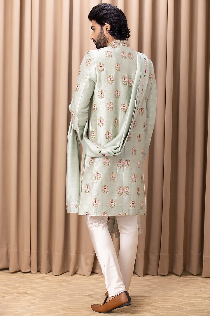 Mint Green Cotton Silk Hand Embroidered Groom Sherwani Set by Ankit V Kapoor at Pernia's Pop Up Shop