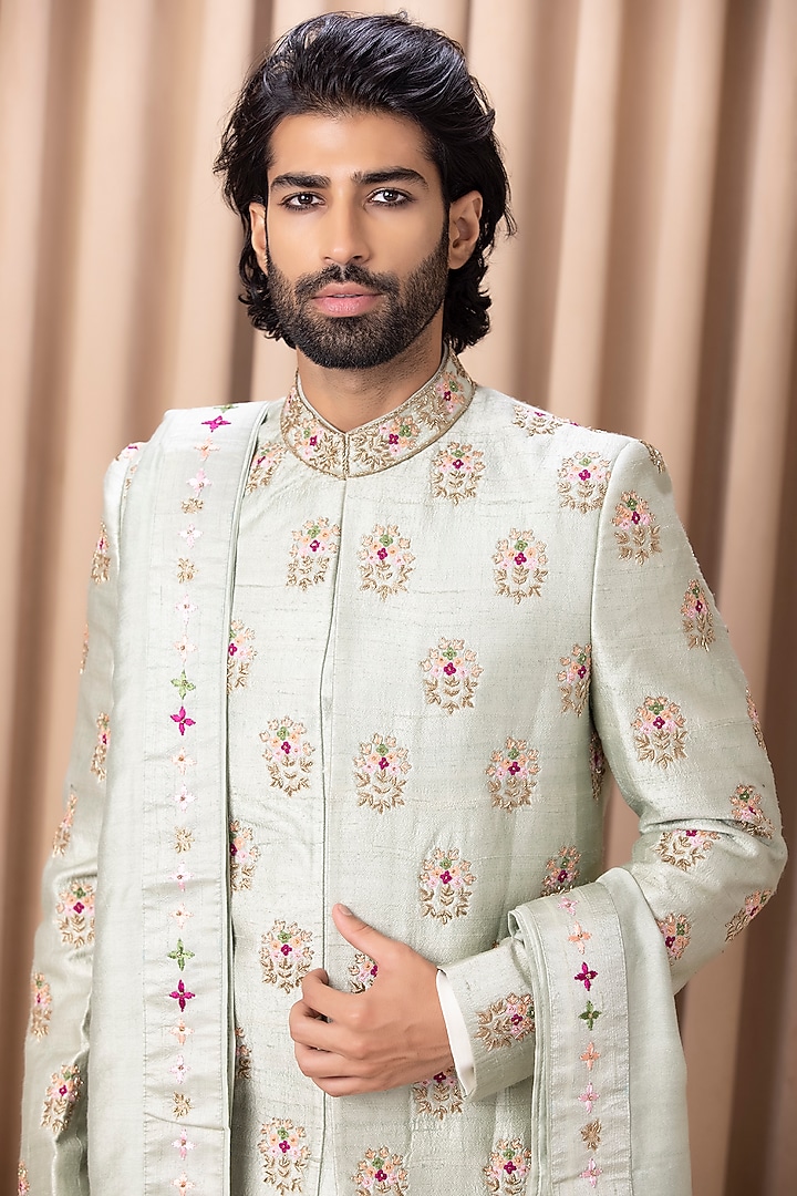 Mint Green Cotton Silk Hand Embroidered Groom Sherwani Set by Ankit V Kapoor at Pernia's Pop Up Shop