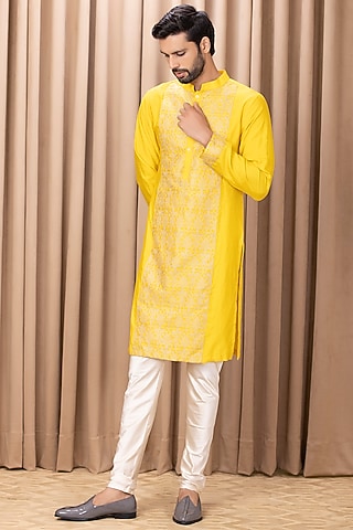 Mustard Embroidered Kurta Set by Ankit V Kapoor