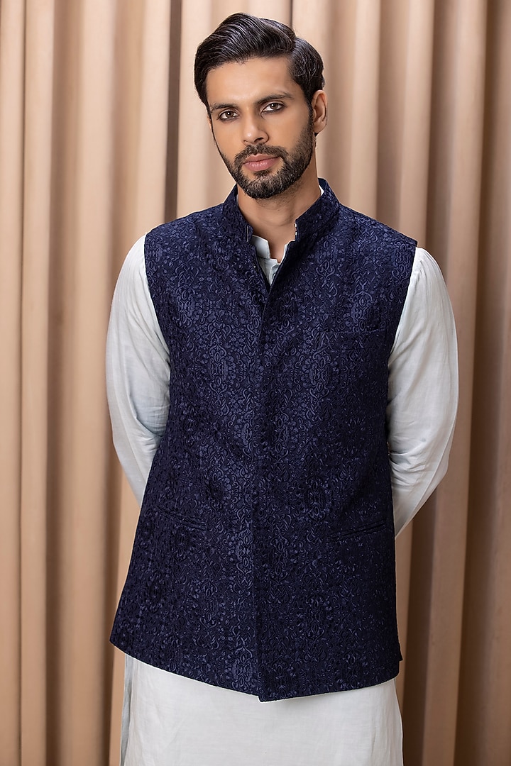 Navy Blue Pure Georgette Thread Machine Embroidered Nehru Jacket by Ankit V Kapoor at Pernia's Pop Up Shop