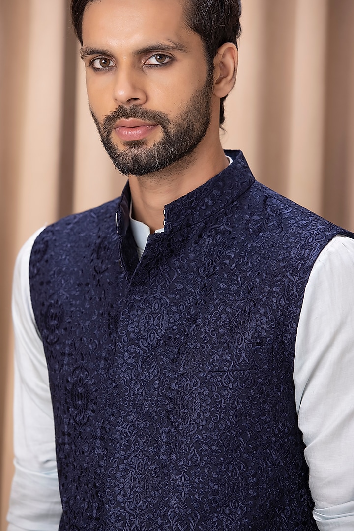 Navy Blue Pure Georgette Thread Machine Embroidered Nehru Jacket by Ankit V Kapoor at Pernia's Pop Up Shop