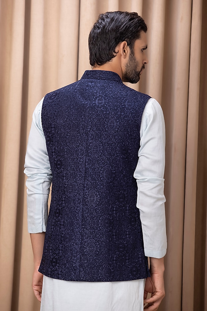 Navy Blue Pure Georgette Thread Machine Embroidered Nehru Jacket Set by Ankit V Kapoor at Pernia's Pop Up Shop