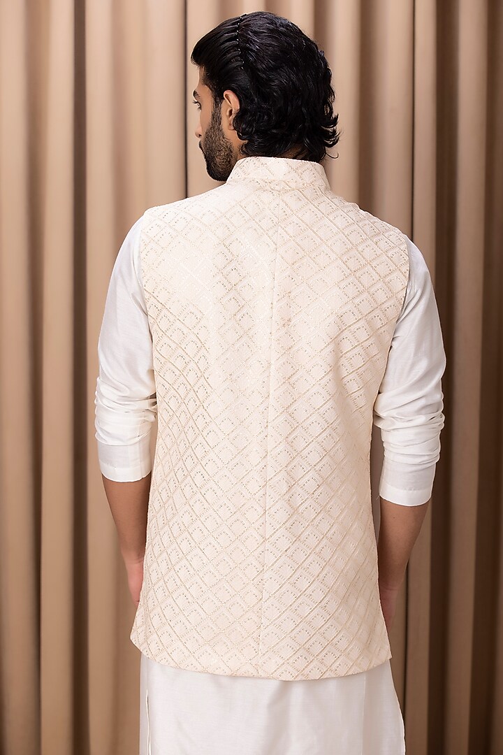Peach Embroidered Nehru Jacket by Ankit V Kapoor at Pernia's Pop Up Shop
