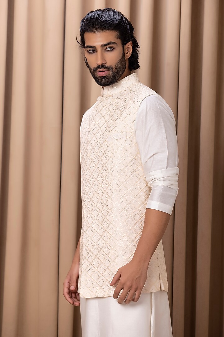 Peach Embroidered Nehru Jacket by Ankit V Kapoor at Pernia's Pop Up Shop