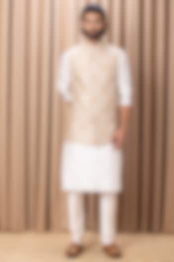 Beige Embroidered Nehru Jacket With Kurta Set by Ankit V Kapoor at Pernia's Pop Up Shop