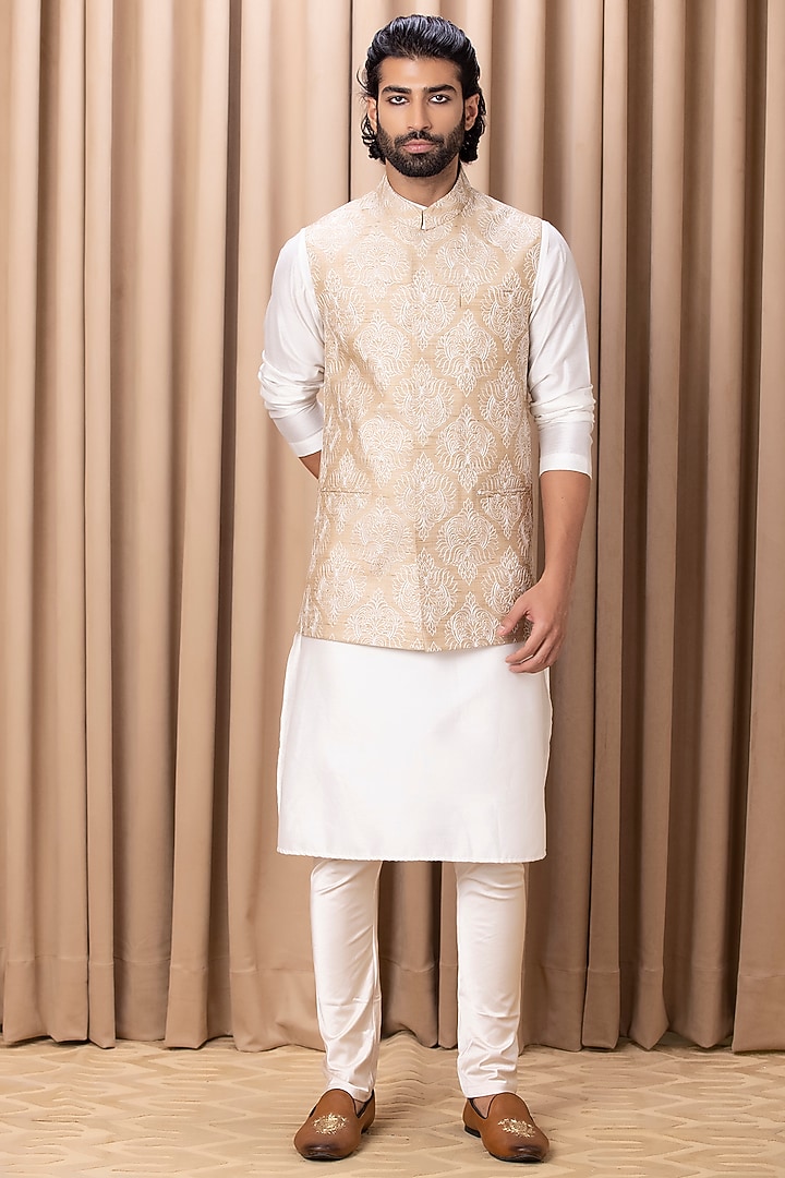 Beige Embroidered Nehru Jacket With Kurta Set by Ankit V Kapoor at Pernia's Pop Up Shop