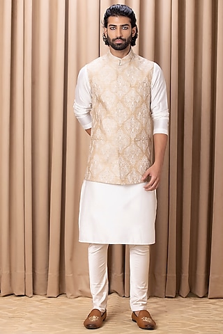 Beige Embroidered Nehru Jacket With Kurta Set by Ankit V Kapoor
