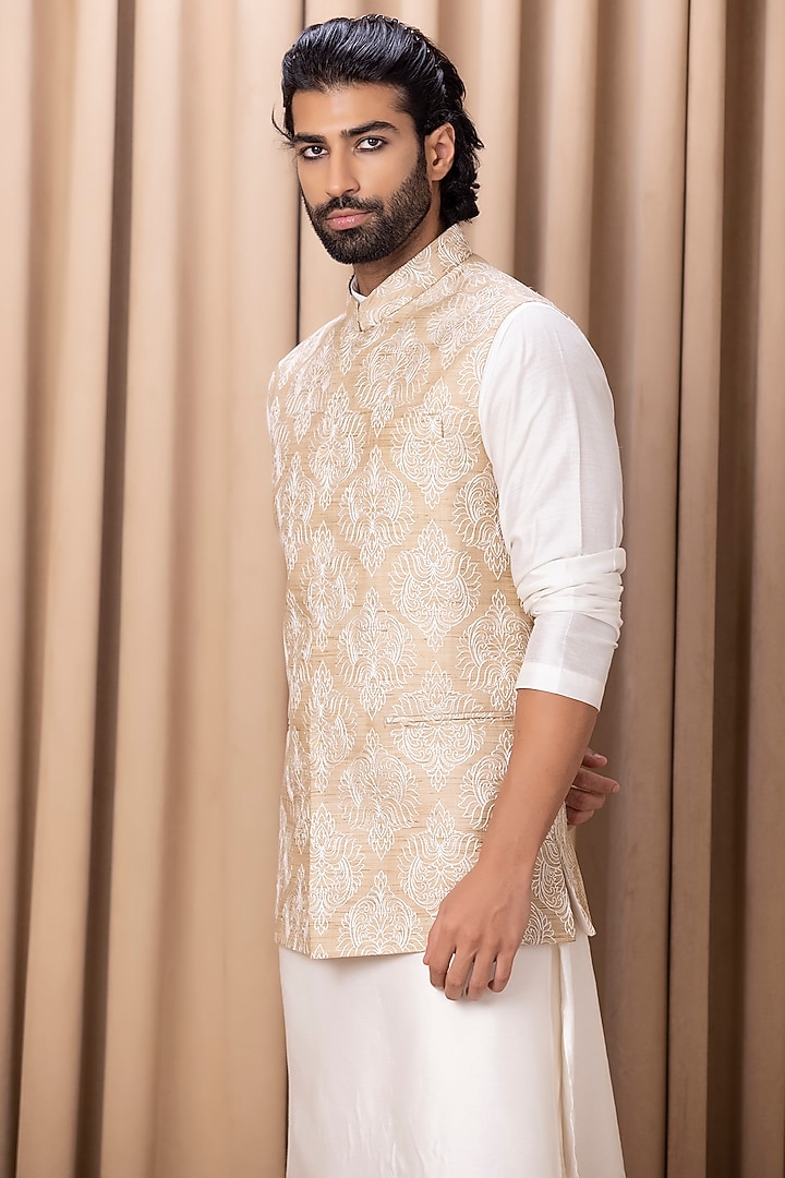 Beige Embroidered Nehru Jacket With Kurta Set by Ankit V Kapoor at Pernia's Pop Up Shop