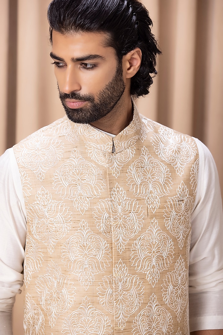 Beige Embroidered Nehru Jacket With Kurta Set by Ankit V Kapoor at Pernia's Pop Up Shop