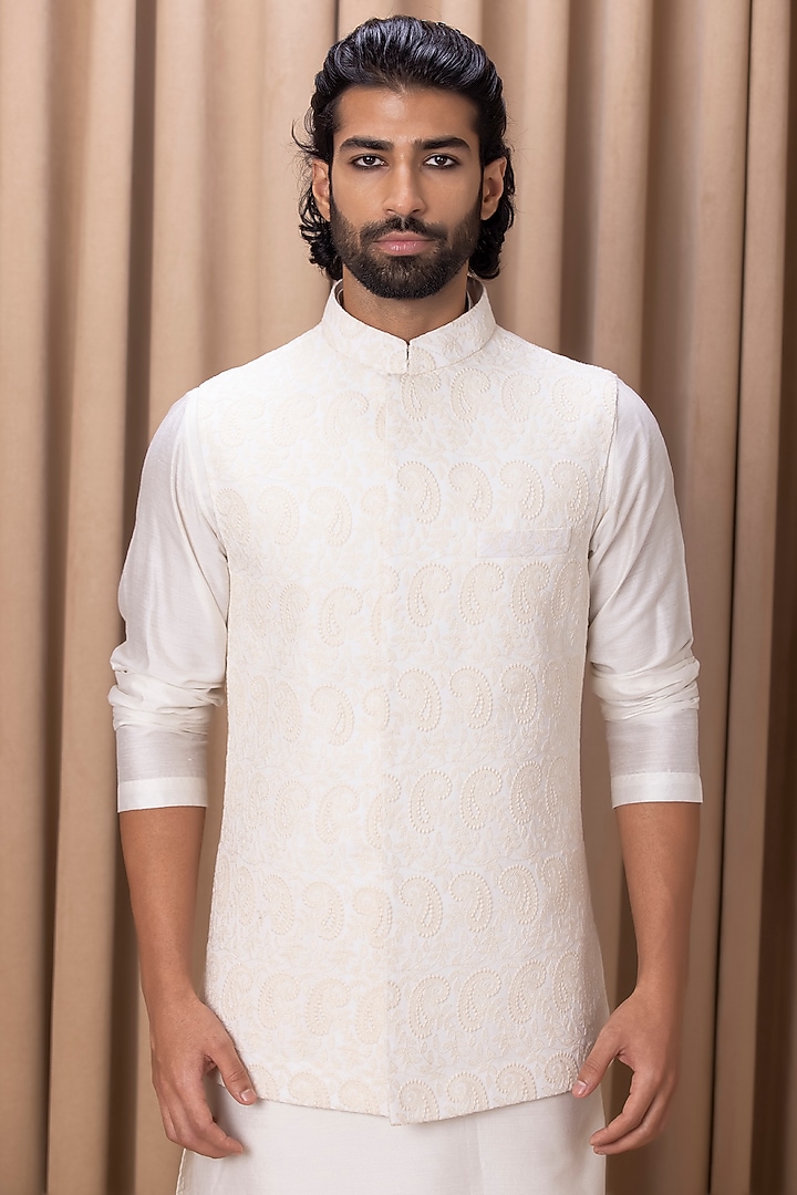 Ivory Pure Georgette Thread Machine Embroidered Nehru Jacket Set by Ankit V Kapoor at Pernia's Pop Up Shop