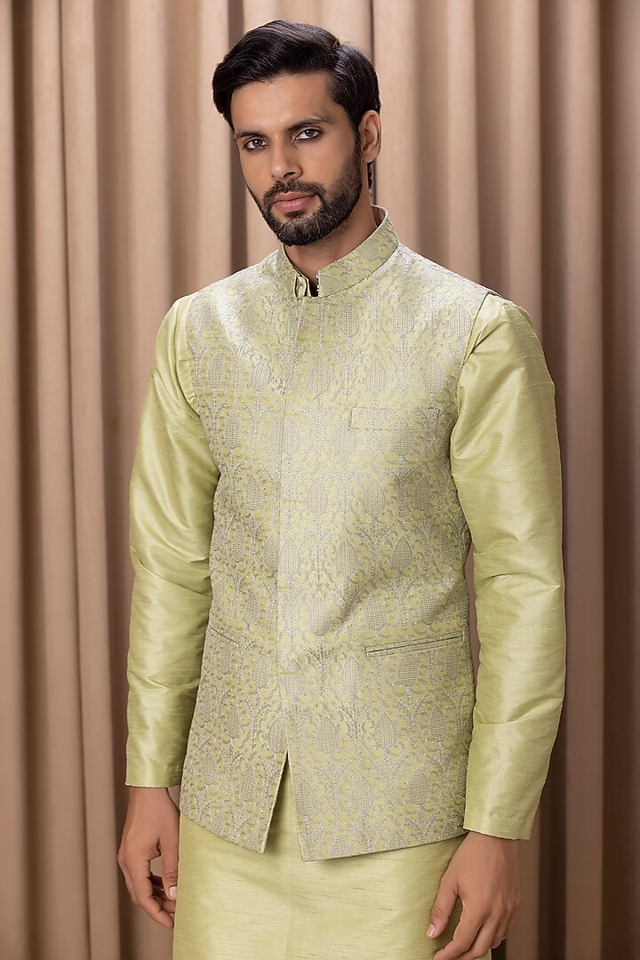 Mint Green Embroidered Nehru Jacket by Ankit V Kapoor at Pernia's Pop Up Shop