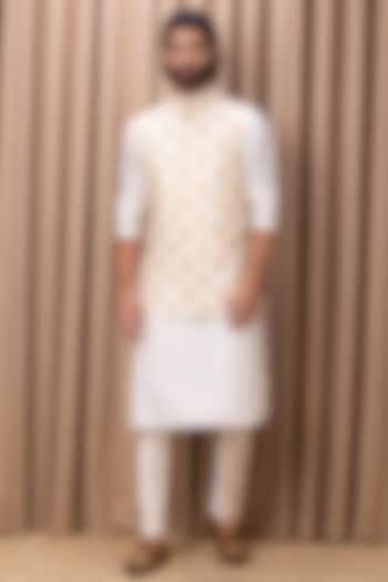Off-White Embroidered Nehru Jacket With Kurta Set by Ankit V Kapoor