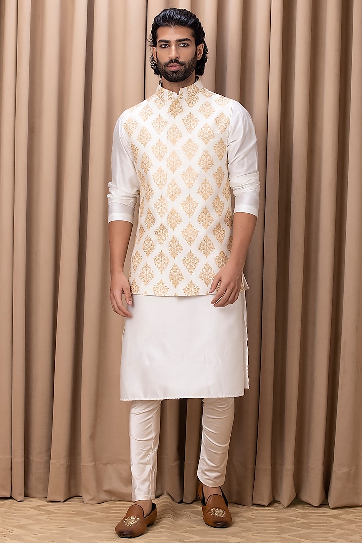 Off-White Embroidered Nehru Jacket With Kurta Set by Ankit V Kapoor