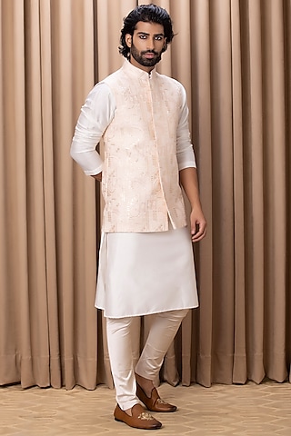 Powder Pink Embroidered Nehru Jacket by Ankit V Kapoor