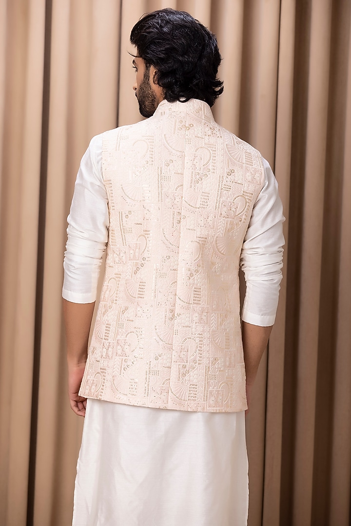 Powder Pink Embroidered Nehru Jacket With Kurta Set by Ankit V Kapoor at Pernia's Pop Up Shop