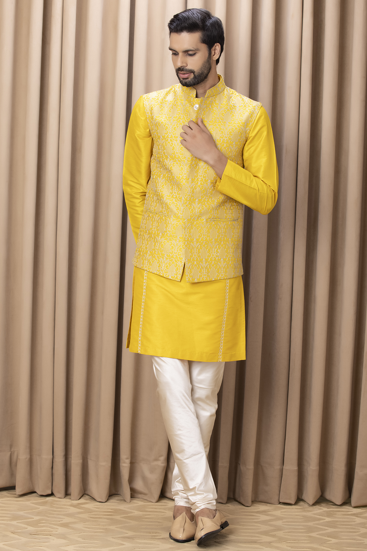 Mustard Cotton Silk Machine Embroidered Nehru Jacket Set by Ankit V Kapoor at Pernia's Pop Up Shop