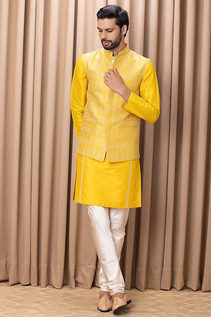 Mustard Cotton Silk Machine Embroidered Nehru Jacket Set by Ankit V Kapoor at Pernia's Pop Up Shop