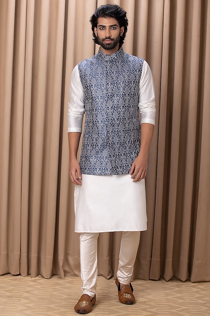 Cerulean Blue Cotton Silk Machine Embroidered Nehru Jacket by Ankit V Kapoor
