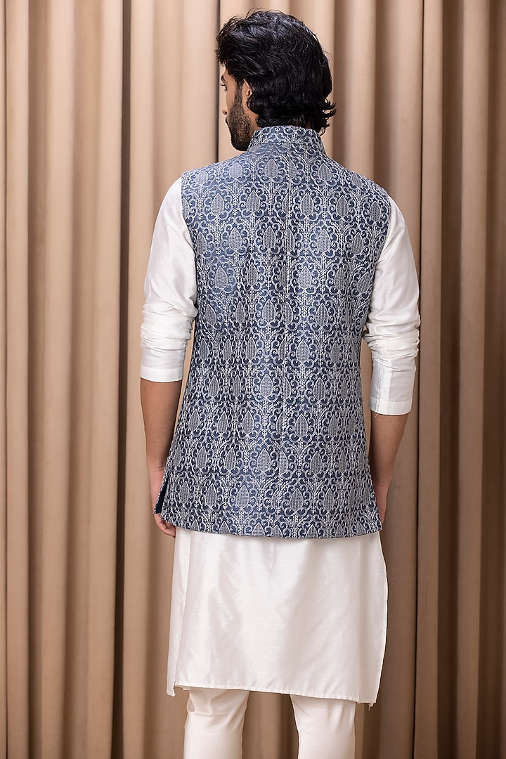 Cerulean Blue Cotton Silk Machine Embroidered Nehru Jacket by Ankit V Kapoor at Pernia's Pop Up Shop