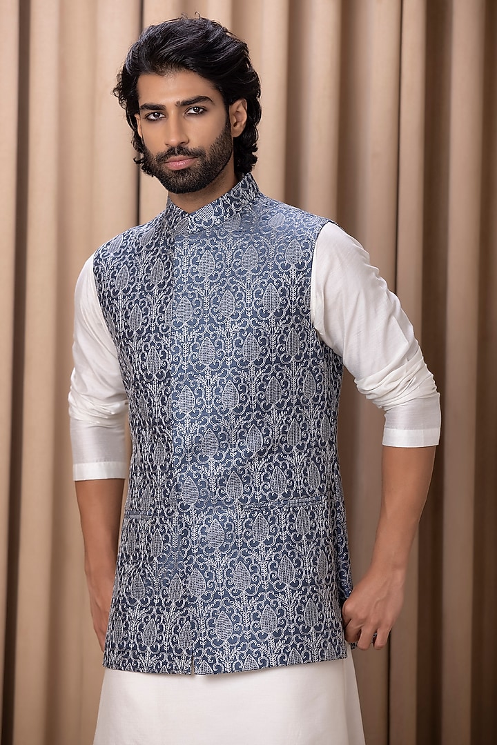 Cerulean Blue Cotton Silk Machine Embroidered Nehru Jacket Set by Ankit V Kapoor at Pernia's Pop Up Shop